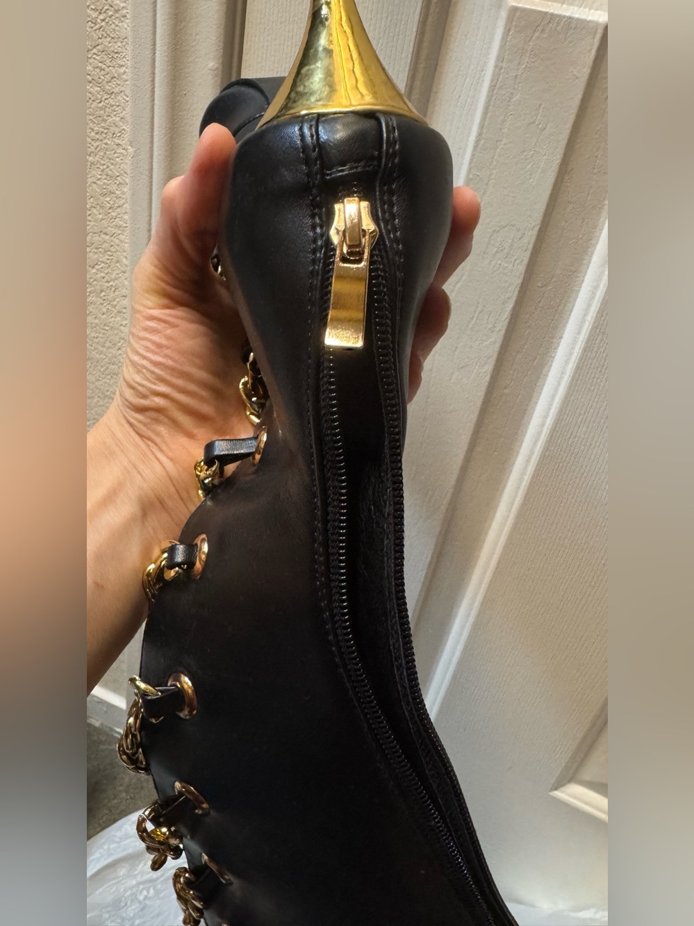 Black Leather Knee-High Stiletto Boots with Gold Chain & Toe Cap US 8 - Picture 9 of 17